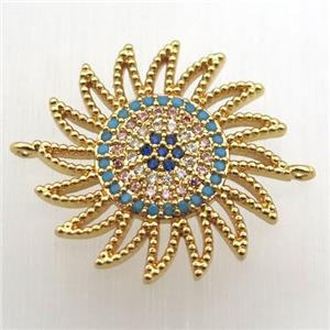 copper sun connector pave zircon, gold plated, approx 22mm
