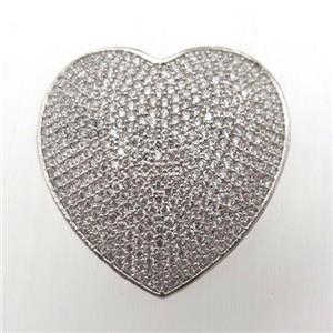 copper heart connector pave zircon, platinum plated, approx 30mm