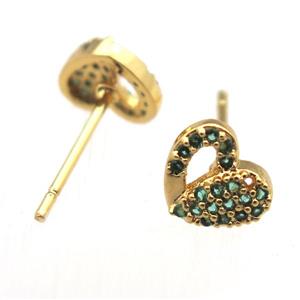 copper stud Earrings pave zircon, heart, gold plated, approx 8mm