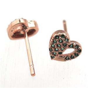 copper stud Earrings pave zircon, heart, rose gold, approx 8mm
