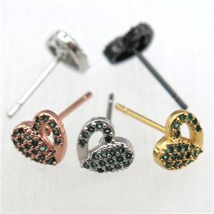 copper stud Earrings pave zircon, heart, mixed color, approx 8mm