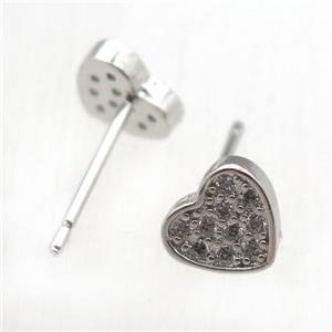 copper stud Earrings pave zircon, heart, platinum plated, approx 7mm
