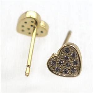 copper stud Earrings pave zircon, heart, gold plated, approx 7mm