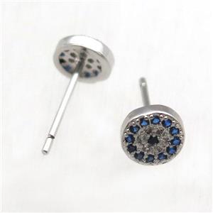 copper stud Earrings pave zircon, circle, platinum plated, approx 6mm dia