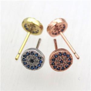 copper stud Earrings pave zircon, circle, mixed color, approx 6mm dia