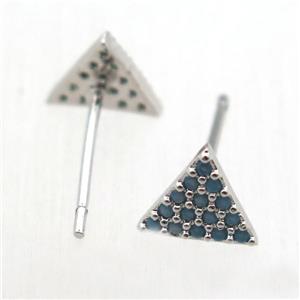 copper stud Earrings pave zircon, triangle, platinum plated, approx 8x8x8mm