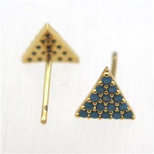 copper stud Earrings pave zircon, triangle, gold plated, approx 8x8x8mm