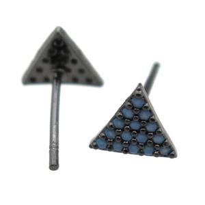 copper stud Earrings pave zircon, triangle, black plated, approx 8x8x8mm