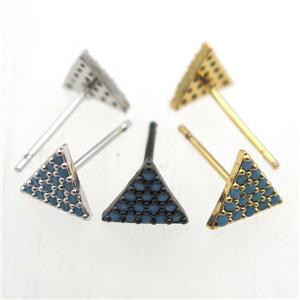 copper stud Earrings pave zircon, triangle, mixed color, approx 8x8x8mm
