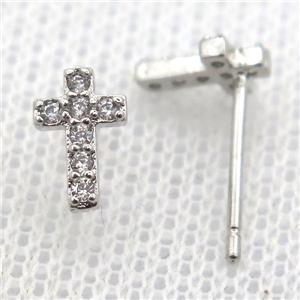 copper stud Earrings pave zircon, cross, platinum plated, approx 5-8mm
