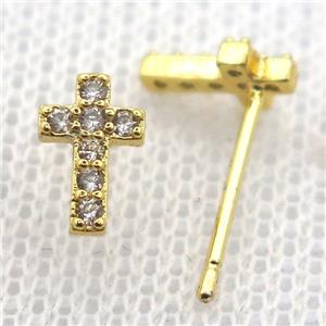 copper stud Earrings pave zircon, cross, gold plated, approx 5-8mm