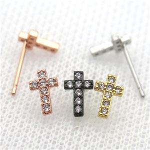 copper stud Earrings pave zircon, cross, mixed color, approx 5-8mm