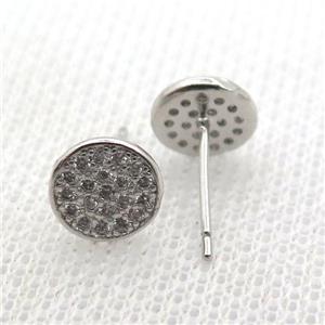 copper stud Earrings pave zircon, circle, platinum plated, approx 8mm dia