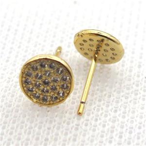 copper stud Earrings pave zircon, circle, gold plated, approx 8mm dia