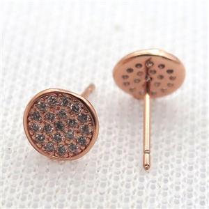copper stud Earrings pave zircon, circle, rose gold, approx 8mm dia