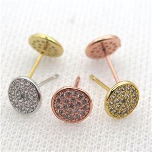 copper stud Earrings pave zircon, circle, mixed color, approx 8mm dia