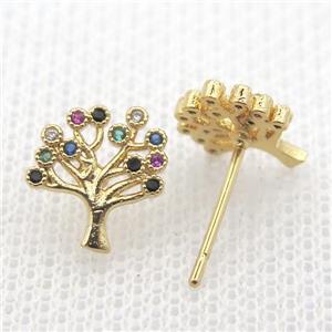 copper stud Earrings pave zircon, tree of life, gold plated, approx 10mm