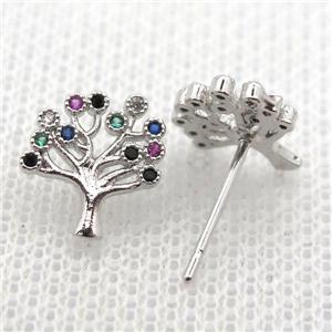 copper stud Earrings pave zircon, tree of life, platinum plated, approx 10mm