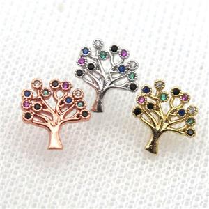 copper stud Earrings pave zircon, tree of life, mix color, approx 10mm