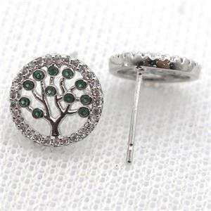 copper stud Earrings pave zircon, tree of life, platinum plated, approx 12mm dia