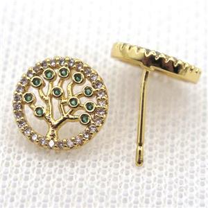 copper stud Earrings pave zircon, tree of life, gold plated, approx 12mm dia