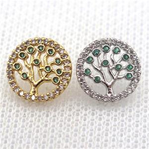 copper stud Earrings pave zircon, tree of life, mixed, approx 12mm dia