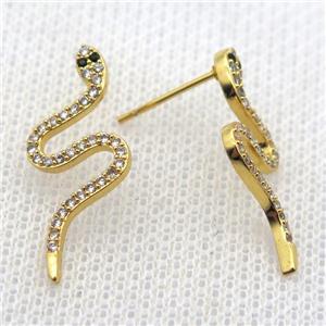 copper stud Earrings pave zircon, snake, gold plated, approx 12-25mm