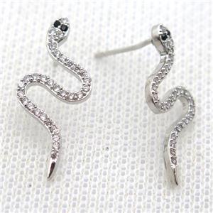 copper stud Earrings pave zircon, snake, platinum plated, approx 12-25mm