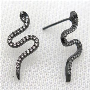 copper stud Earrings pave zircon, snake, black plated, approx 12-25mm