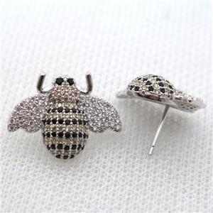 copper honeybee earring studs pave zircon, platinum plated, approx 16-20mm