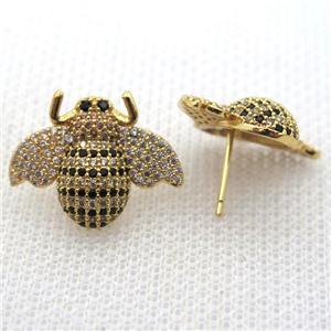 copper honeybee earring studs pave zircon, gold plated, approx 16-20mm