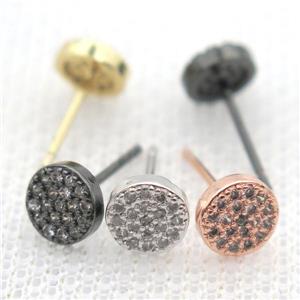 copper circle earring studs pave zircon, mixed color, approx 6mm dia