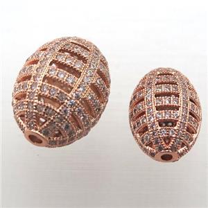 copper barrel beads pave zircon, hollow, rose gold, approx 12x16mm