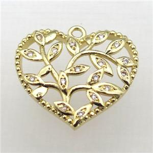 copper heart pendant pave zircon, gold plated, approx 21-23mm