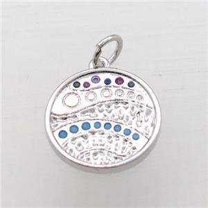 copper circle pendant pave zircon, platinum plated, approx 15mm dia