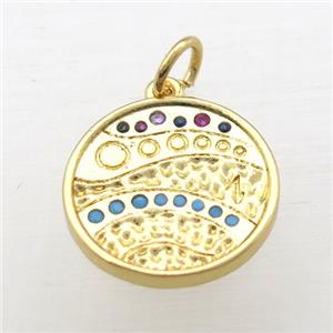 copper circle pendant pave zircon, gold plated, approx 15mm dia