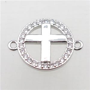 copper circle cross connector pave zircon, platinum plated, approx 12mm dia