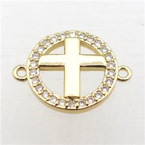 copper circle cross connector pave zircon, gold plated, approx 12mm dia