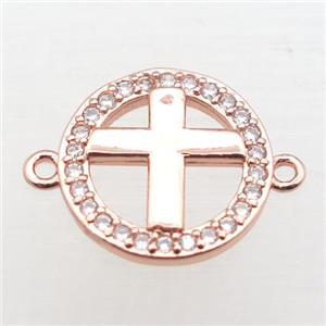 copper circle cross connector pave zircon, rose gold, approx 12mm dia