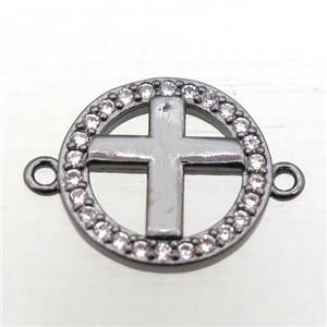 copper circle cross connector pave zircon, black plated, approx 12mm dia