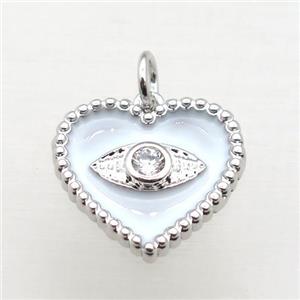 copper heart connector pave zircon whit white Enameling, platinum plated, approx 16mm