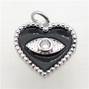 copper heart connector pave zircon whit black Enameling, platinum plated, approx 16mm