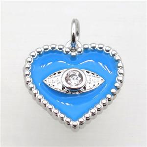 copper heart connector pave zircon whit blue Enameling, platinum plated, approx 16mm