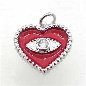 copper heart connector pave zircon whit red Enameling, platinum plated, approx 16mm