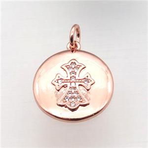copper cross pendant pave zircon, rose gold, approx 15mm dia