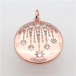 copper circle pendant pave zircon, rose gold, approx 20mm dia