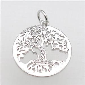 copper tree pendant pave zircon, platinum plated, approx 18mm dia