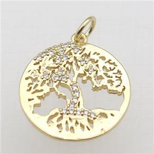 copper tree pendant pave zircon, gold plated, approx 18mm dia
