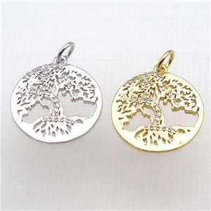 copper tree pendant pave zircon, mixed color, approx 18mm dia