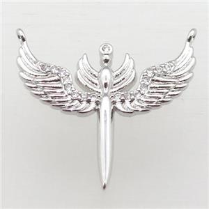 copper pendant pave zircon with 2loops, angel wing, platinum plated, approx 27-22mm